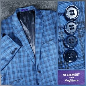 Statement Sport Coat Mens 50L Blue Glen Plaid 100% Wool Handmade Italy Blazer